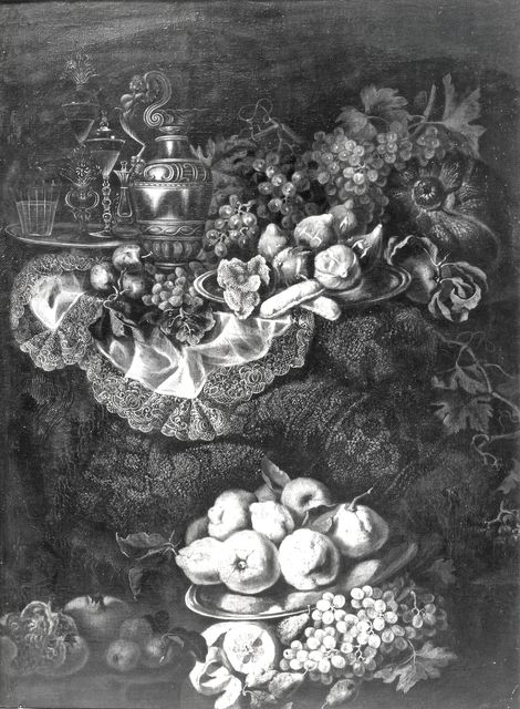 Sotheby's — Pfeiler Maximilian - sec. XVII/ XVIII - Natura morta con vassoio di limoni, melagrane, uva, zucca, fichi e biscotti, bicchieri, anfora e tappeto — insieme